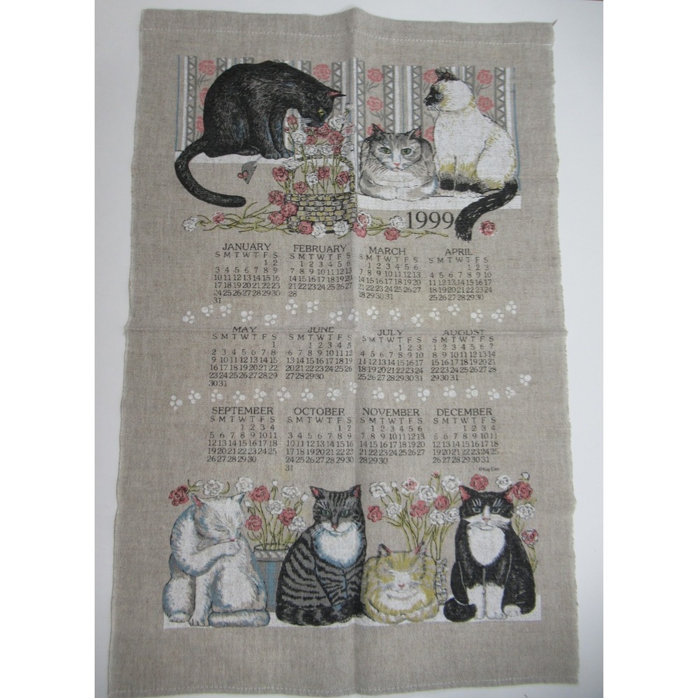 Vintage 1999 Calendar Cat Print Linen Tea Towel Kay Dee